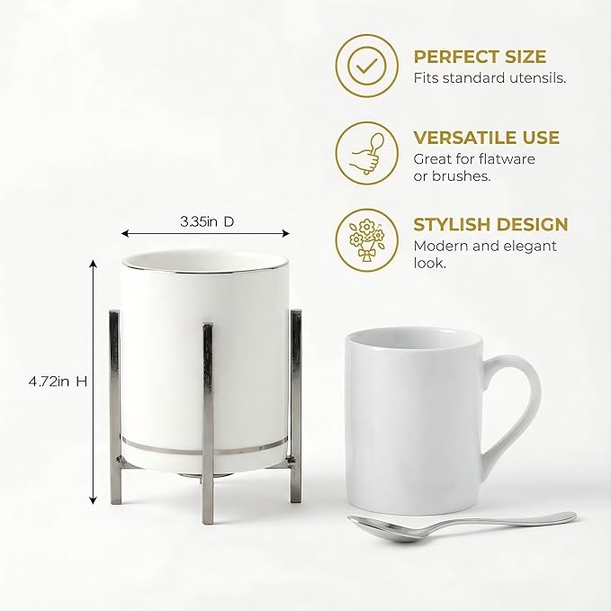 Farmhouse Flatware Holder for Dinner Table, Kitchen Holder for Serving Utensils, Decorative Cutlery Utensil Holder for Kitchen or Parties, Cup with Silver Trim, 1 Pcs