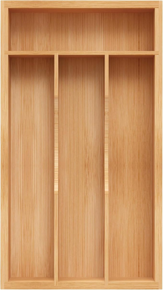 Small Silverware Organizer, Bamboo Kitchen Drawer Organizer, Utensil Holder, Cutlery Tray & Spoon Flatware Storage with Grooved Drawer Dividers