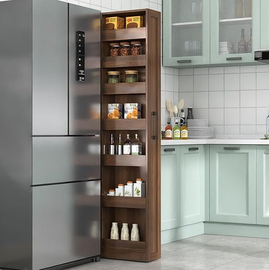 7 Tier Slim Pull Out Storage Cabinet, Narrow Mobile Shelf Organizer, Walnut Freestanding Slim Storage Tower Between Refrigerator & Counter, Utility Cart for Kitchen Dining Room Small Spaces