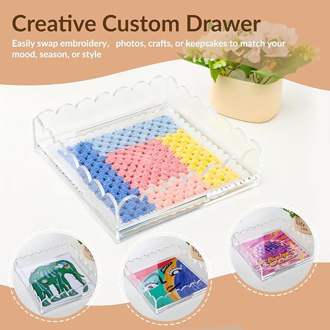 Scalloped Acrylic Tray, 9" x 9" Clear Acrylic Tray with Drawer for Insert Needlepoint,Art, Customizable Photos,Fabric,Messages Display Basket,Decorative Tray Gift for Home Office