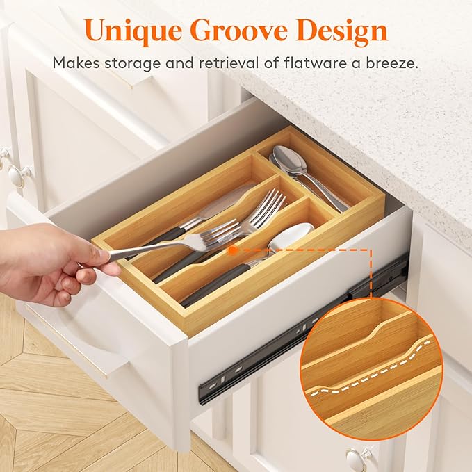 Lifewit Silverware Drawer Organizer, Expandable Utensil Tray for Kitchen, Bamboo Flatware and Cutlery Holder, Wood Adjustable Storage for Spoons Forks Knives, 6.9 x 12.8", Natural