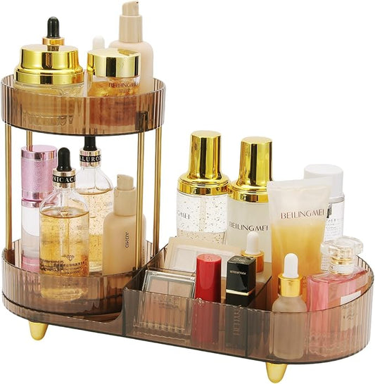 Makeup Organizer Rotating Perfume Tray 5-compartment Cosmetic and Skincare Organizers Makeup Brush Holder for Bathroom Vanity Bedroom Counter Countertop (Brown-Silver Foot Mat)