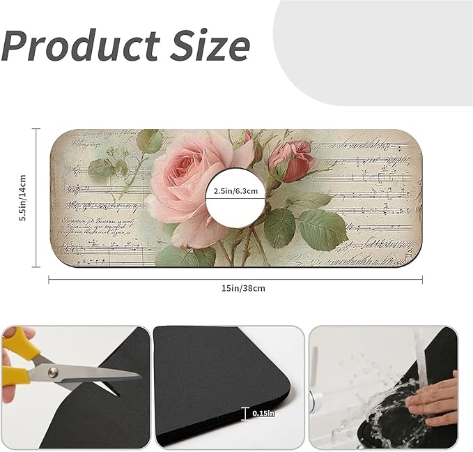 Kitchen Sink Splash Guard，Notes and pink roses Faucet Mat Sink Gadgets-Super Absorbent Fast Drying Mat Drip Catcher for Kitchen, Bathroom,Sink Mat, Dish Drying Mat, Bathroom(15" X 5.5" )