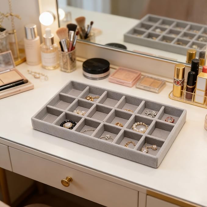 Velvet Jewelry Organizer Trays Gray Stackable Jewelry Storage Display Tray with Removable Dividers, 18 Grids