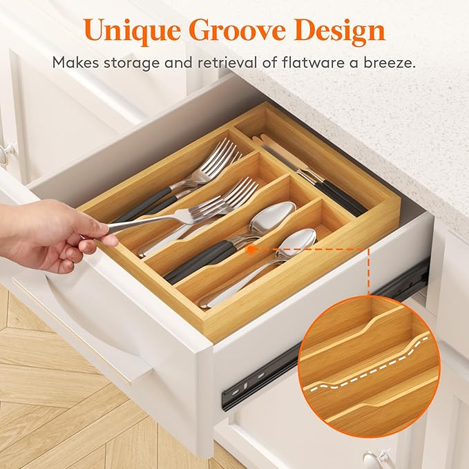 Lifewit Silverware Drawer Organizer, Utensil Tray for Kitchen, 5 Slot Bamboo Flatware and Cutlery Holder, Wood Storage for Spoons Forks Knives, 9.9 x 12.8 Inches, Natural