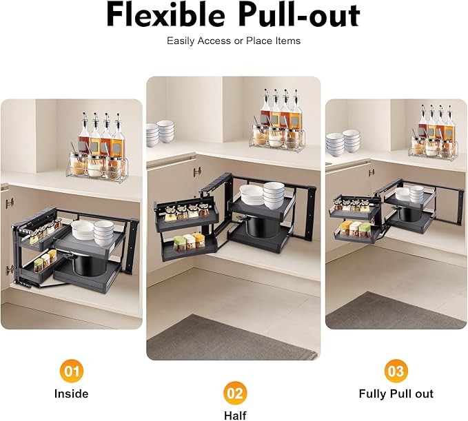 14 Inch Blind Corner Cabinet Pull Out, 2-Tier Kitchen Corner Cabinet Organizer with 4 Removable Shelves, Universal Left/Right Mount Kitchen Pull-Out Organizer