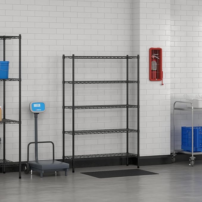 Commercial NSF Listed Black Epoxy Stationary Wire Shelving Kit 14" x 42" x 64", with 5 Shelves Perfect for Warehouse, Walk-in Refrigerator, Freezer, Grocery Store, Restaurant, Dishroom