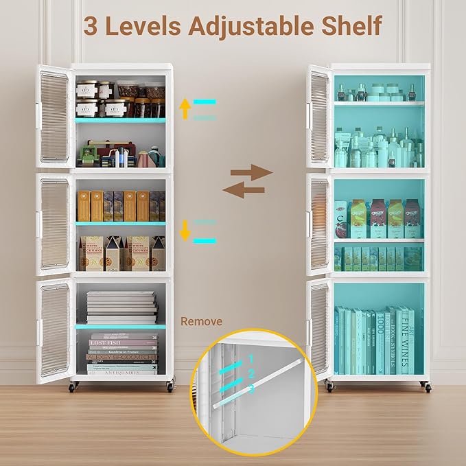 BROVIEW 4-Tier Tall Narrow Storage Cabinet 14.6” Wide, Slim Bathroom Cabinets with Adjustable Shelves and Doors, Plastic Kitchen Pantry Organizers and Storages for Small Space, Laundry, White