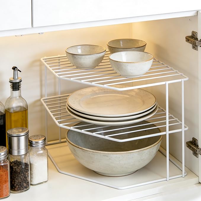 SIBAO 3 Tier Kitchen Corner Shelf Rack And Cabinet Organizer For Plates And Cups, Metal Wire Kitchen Shelf, Steel Metal Frame, Rust Resistan,9x9x7.5inch, White