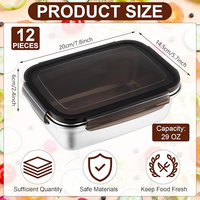 Acellegic 12 Pcs 304 Stainless Steel Food Storage Containers with Lid, Airtight Metal Food Containers Reusable Stackable Bento Meal Lunch Box Freezer/Dishwasher Safe for Kitchen Travel(29oz/ 850 ml)