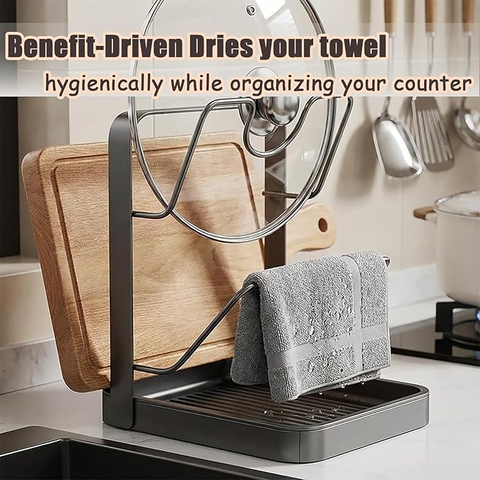 Kitchen Pot Lid Storage Rack, Multifunctional Holder While Cooking, Secure U-Shaped Slots Spoon Rest & Cutting Board Organizer, Removable Drip Tray for Countertop Stove Top (Black1)