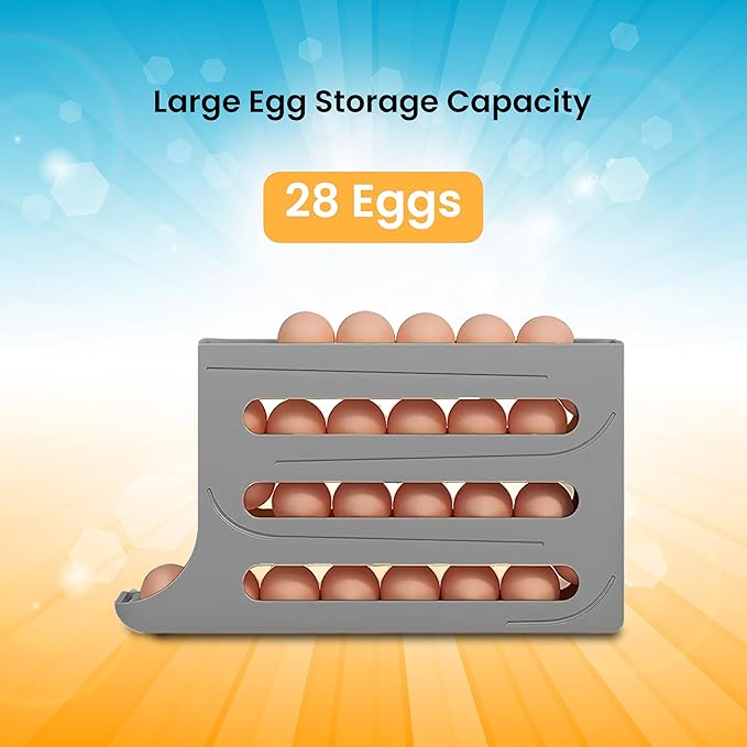 ZAYLAN Egg Holder for Fridge, Auto Rolling Egg Roller/Dispenser/Organizer/Storage Container, Space-Saving 4-Tier Egg Tray for 28 Eggs, Refrigerator, Kitchen & Countertop with Flower Egg Cutter (Gray)