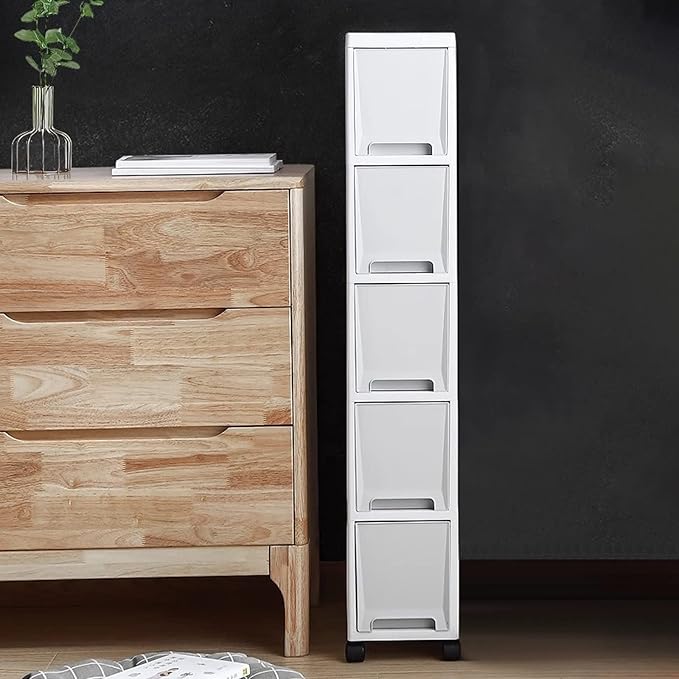 7in Narrow Slim Rolling Storage Cart, 5 Tier Kitchen Small Bathroom Storage Cabinet Beside Fridge Small Plastic Rolling Shelf with Drawers
