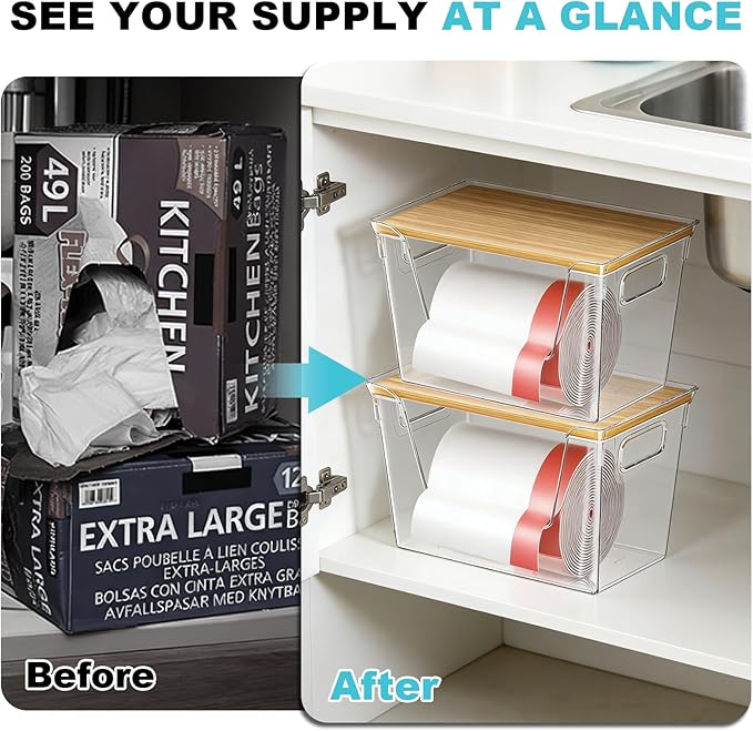 2 Pack Trash Bag Holder Dispenser - Garbage Bag Dispenser Under Sink, Acrylic Trash Bags Container Organizer Roll Holder, Clear Stackable Kitchen Under Sink Storage Organizer