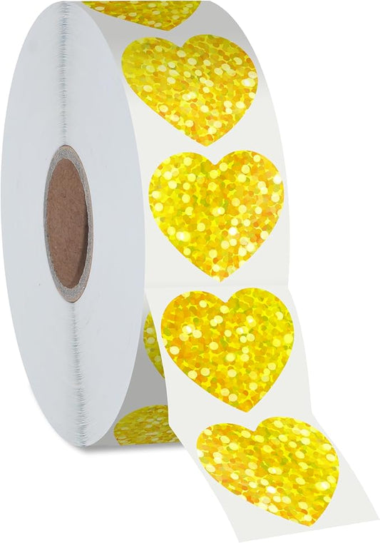 500 PCS Gold Glitter Heart Stickers - Golden Metallic Sparkling Self Adhesive Waterproof Reflective Heart Stickers for Love Decorative Labels - Wedding, Valentine's Day Supplies (1' Each)