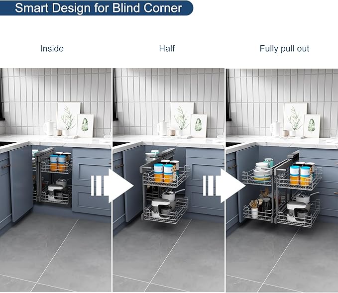 VADANIA Blind Corner Pull Out Organizer for 32" Cabinet, Left Open & Right Open Compatible, Min Opening 14", 2-tier Pull-out Basket, Soft Close, Bottom Mount