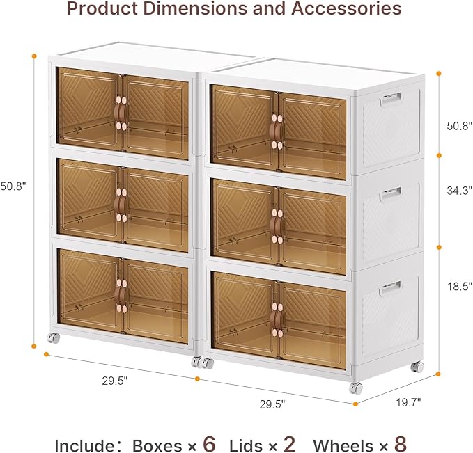 VNVTO 960Qt Stackable Storage Bins with Lids, 6 Pack Large Collapsible Bins with Wheels, Plastic Cabinet with Doors, Foldable Closet Organizers and Storage for Home, Dorm, Office, White