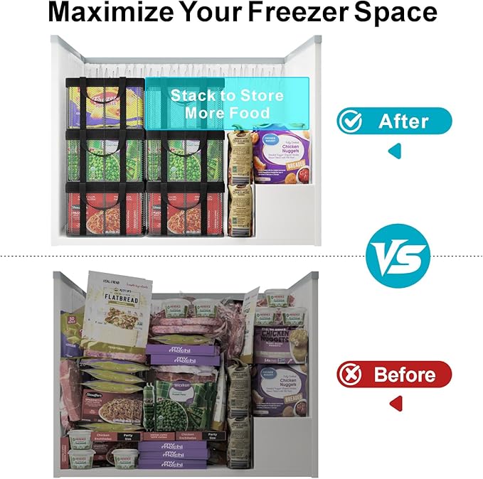 iSPECLE Freezer Organizer Bins - 4 Pack Large Stackable Deep Freezer Organizer Bins for 10 to 20 Cu.Ft Easy Get Bottom Foods, Chest Freezer Organizer Prevent Frozen Food Waste, Black