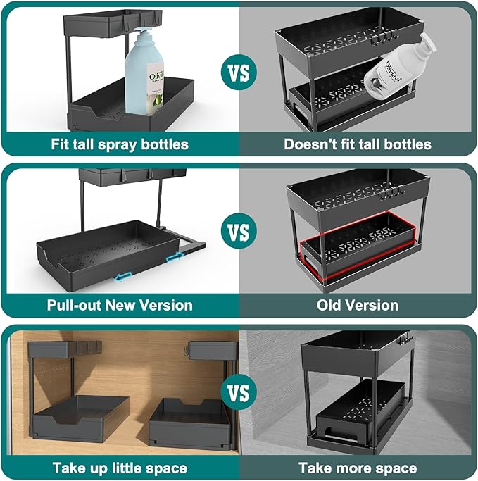 2 Pack Under Sink Organizer 2 Tier Sliding Cabinet Organizers Multi-Purpose Sink Storage Basket L-Shape Narrow Space Storage Shelves with 4 Hook for Kitchen Bathroom Drawer, Black