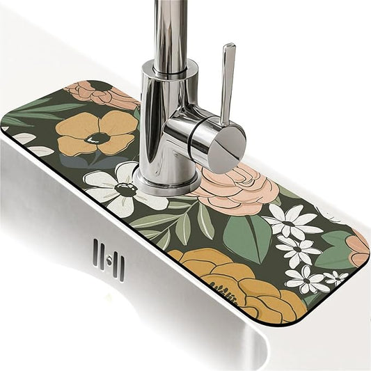 Kitchen Sink Splash Guard，Vintage Large Floral Faucet Mat Sink Gadgets-Super Absorbent Fast Drying Mat Drip Catcher for Kitchen, Bathroom,Sink Mat, Dish Drying Mat, Bathroom(15" X 5.5" )
