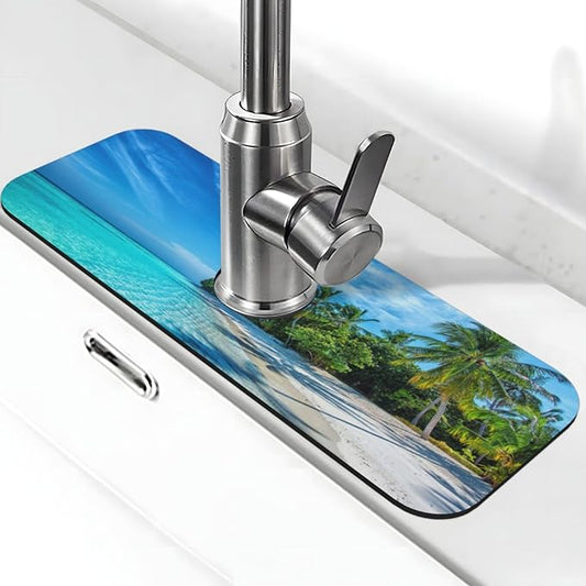 Beach Tropical Palm Tree Waves Travel Island Kitchen Sink Splash Guard Faucet Mat Super Absorbent Fast Drying Mat Sink Gadgets-Fast Drying Pad Sink Mat For Kitchen Bathroom (15" X 5.5" )