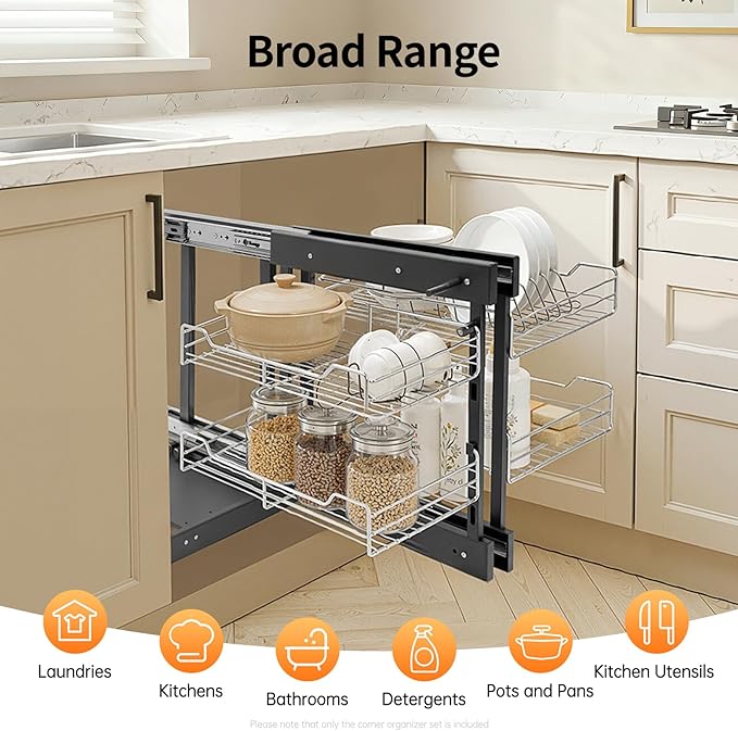 Blind Corner Pull Out Organizer, 2-Tier Pull Basket Corners Cabinet with 4 Storage Baskets, Pull-Out Basket Blind Corner Cabinet Storage Shelf for Home Kitchen