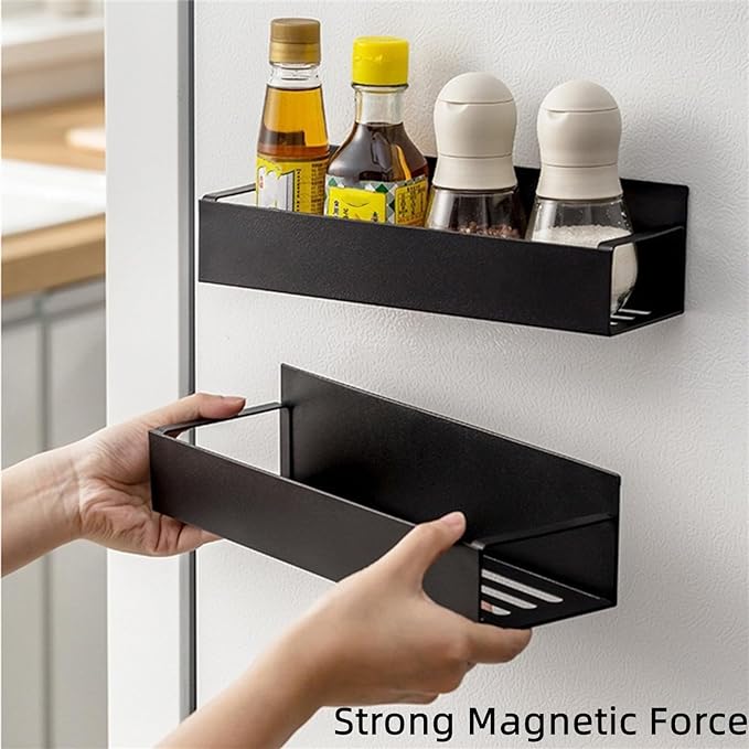 Punch Free Magnetic Storage Rack Organize Space-Saving Kitchen Organizer, Magnetic Storage Rack for Refrigerator, Metal Magnetic Spice Storage Rack Organizer with Hooks (S+ L)
