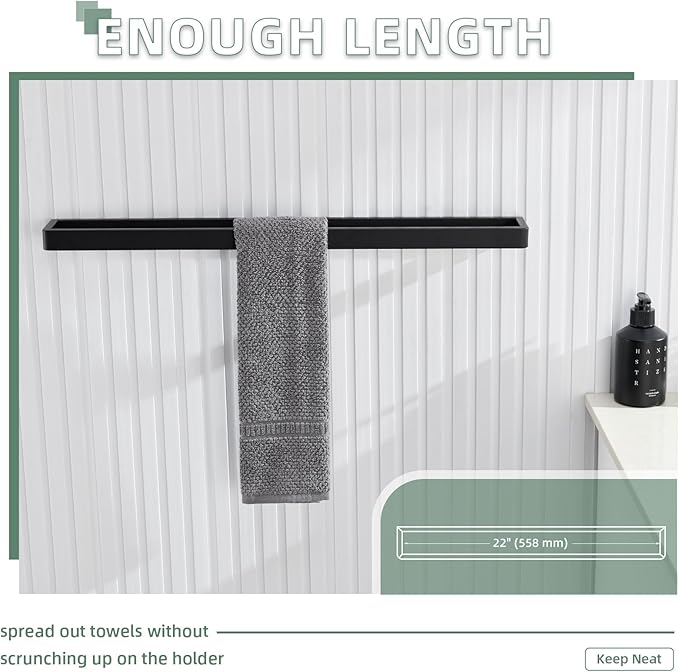 Angle Simple Towel Bar for Bathroom, SUS 304 Stainless Steel Towel Rack Holder Wall Mounted, 22.76", Matte Black
