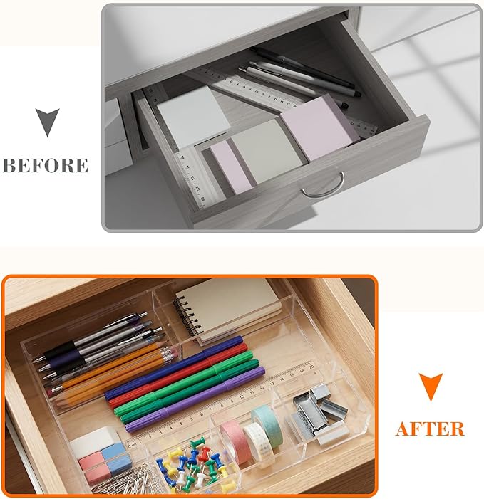 Clear Acrylic Desk Drawer Organizer Storage Tray Organizer for Pens, Stationery, Desktop, Office, Bathroom, Kitchen, Makeup Supplies(7 Compartments)