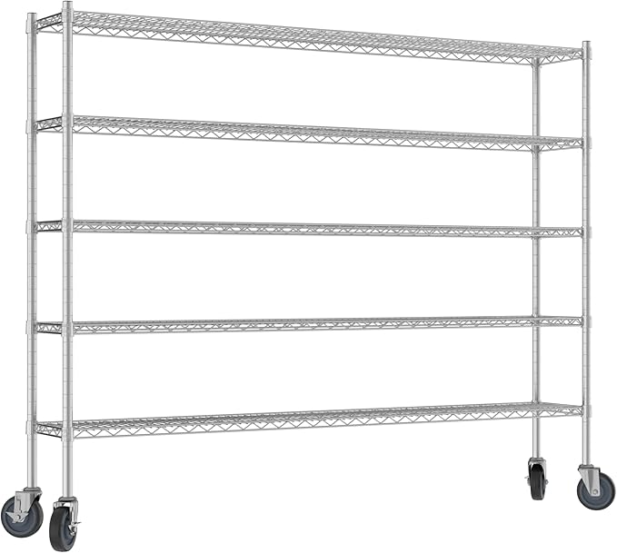 Commercial NSF Listed Chrome Mobile Wire Shelving Kit 12" x 72" x 60", with 5 Shelves Perfect for Warehouse, Walk-in Refrigerator, Freezer, Grocery Store, Restaurant, Dishroom