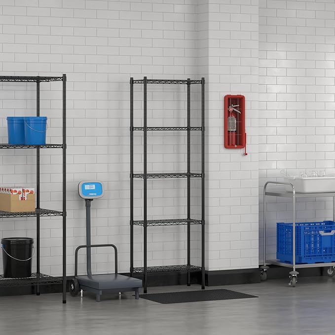 Commercial NSF Listed Black Epoxy Stationary Wire Shelving Kit 12" x 24" x 74", with 5 Shelves Perfect for Warehouse, Walk-in Refrigerator, Freezer, Grocery Store, Restaurant, Dishroom