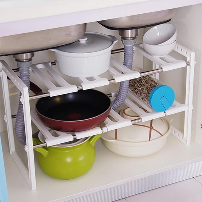 Expandable Shelf Organizer, 2-Layer Storage Rack, Under Sink Cabinet Shelf, Adjustable Pantry Cupboard Bathroom Desk Home Organizer for Accessories, Space Saver for Daily Storage and Organization