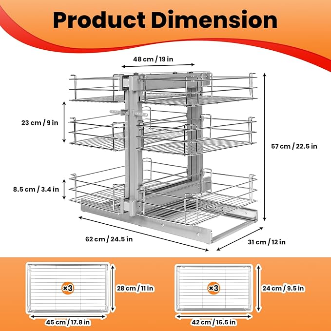 Blind Corner Pull Out Organizer, Min Opening 17", Left Open & Right Open Compatible, 3-tier Pull-out Basket, Soft Close, Bottom Mount