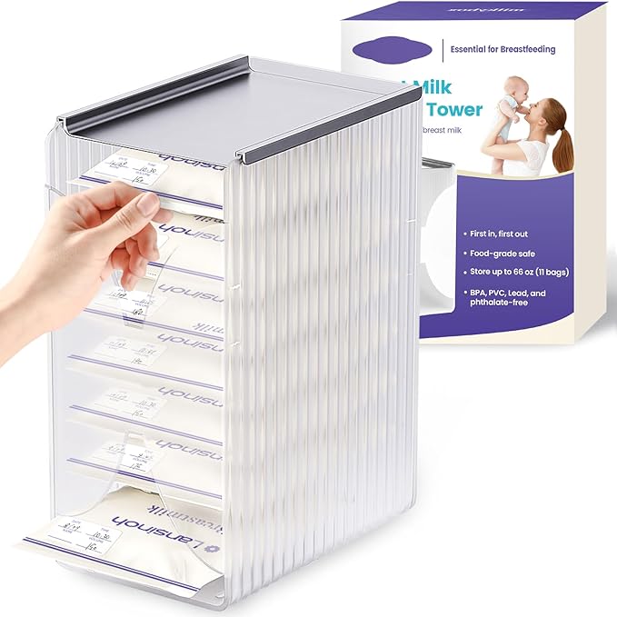 Freeze Organizer and Tower for Breastmilk Storage Bags, First-in First-Out Container Storing System with Quick-Freeze Tray to Freezing Breastmilk, Reusable and Breastfeeding Essentials