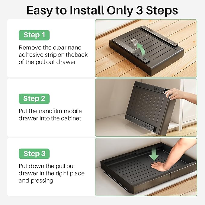 Pull out Cabinet Organizer, Wider Expandable(14"-24") Heavy Duty Slide out Drawers Fixed with Adhesive Nano Film for Pots and Pans, Roll out Shelf Storage for Kitchen Base Organization(Black)