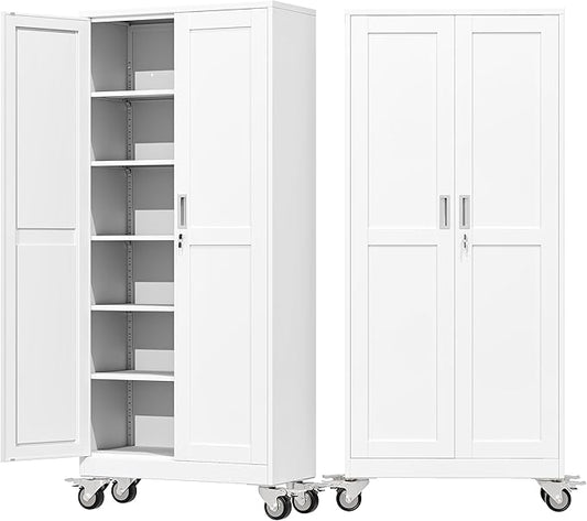 75" Tall Metal Garage Storage Cabinet with Wheels and Locking Doors and Tall Rolling Steel Tool Cabinet with 5 Adjustable Shelves for Garage,Home,Office,Shop (White)