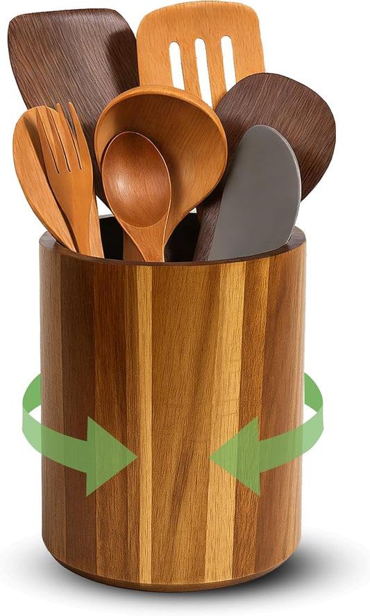 Acacia Wood Utensil Holder with Curved Comfort Base - 360° Rotating 7.2" Countertop Organizer, Utensil Crock for Kitchen Counter & Farmhouse Decor