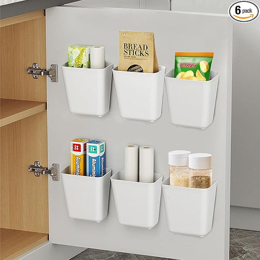 6 Pack Kitchen Cabinet Door Storage Box, Self Adhesive Wall Mounted Storage Organizer Bins, Stackable Organizer Basket for Kitchen, Bathroom, Office, Refrigerator Small Items Organizer (White)