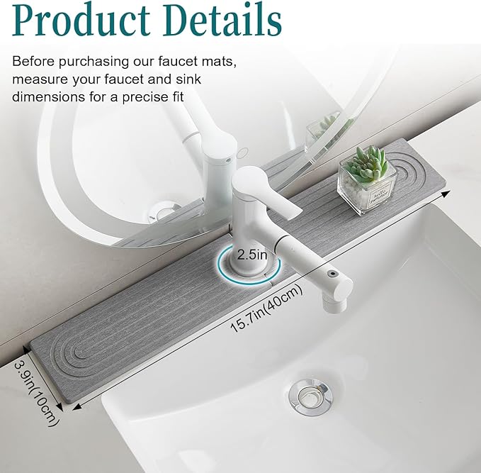 ODE TO ORDER Stone Faucet Mat for Kitchen Sink Bathroom Counter, 23.6 Inch Light Grey Diatomite Water-Absorbing Drying Stone Mat, Sink Stone Tray Protector,Prevent Moisture Sink Splash Guard