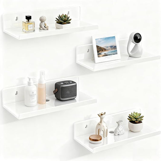 Acrylic Floating Shelves, Adhesive Wall Mount Command Shelves for Bathroom, Kitchen, Dorm - Renter-Friendly Easy Install Wall Shelves for Home Decor and Organization (Glossy White-4 Pack)