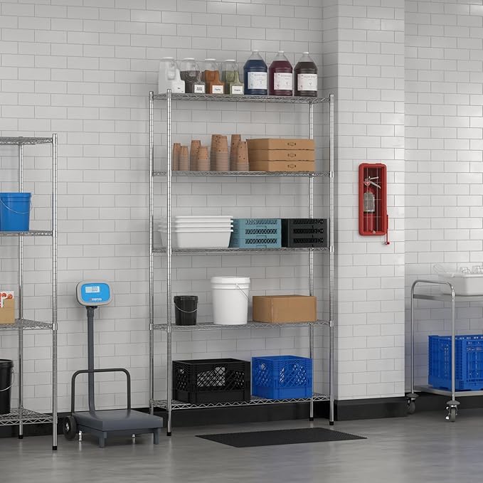 Commercial NSF Listed Chrome Stationary Wire Shelving Kit 12" x 48" x 86", with 5 Shelves Perfect for Warehouse, Walk-in Refrigerator, Freezer, Grocery Store, Restaurant, Dishroom