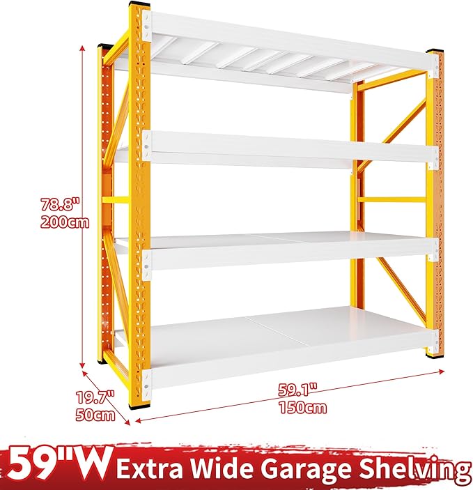 59" W Garage Shelving 3000LBS Garage Shelving Heavy Duty 4-Tier Metal Storage Shelves Adjustable Shelf Unit Storage Rack for Basement Supermarket Warehouse 59" W x 20" D x 78" H Orange-White