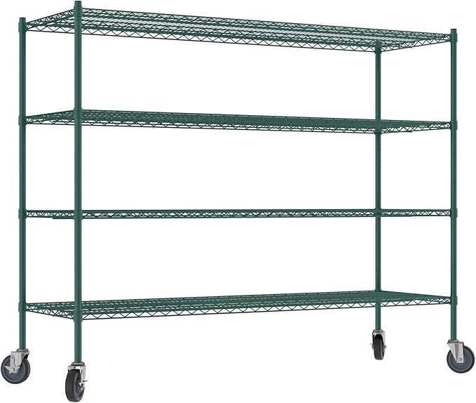 Commercial NSF Listed Green Epoxy Mobile Wire Shelving Kit 24" x 72" x 60", with 4 Shelves Perfect for Warehouse, Walk-in Refrigerator, Freezer, Grocery Store, Restaurant, Dishroom