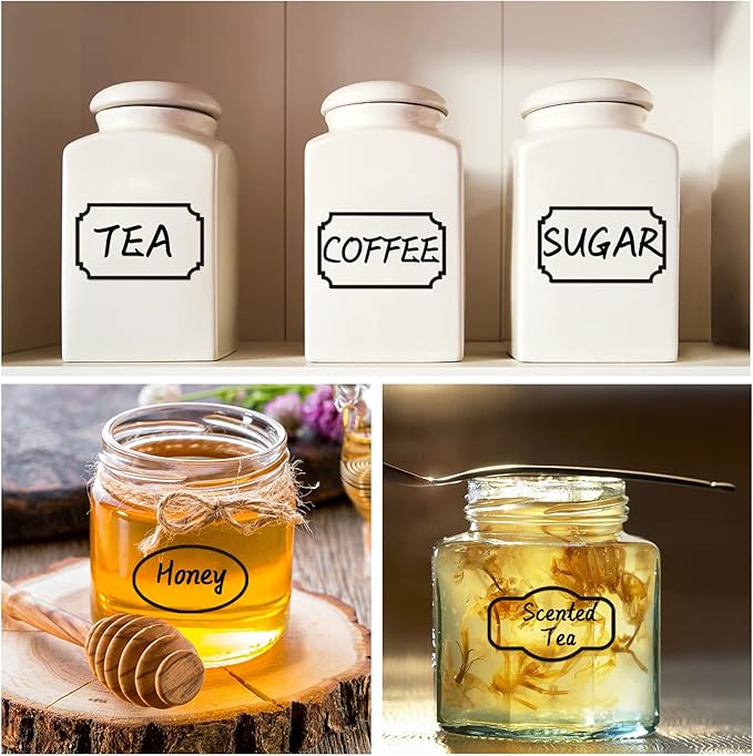138pcs Removable Transparent Labels for Jars, Waterproof Labels for Bottles with Black Border, Kitchen Food Container Clear Label Stickers with 2 Markers for Storage Bin, Home Organization