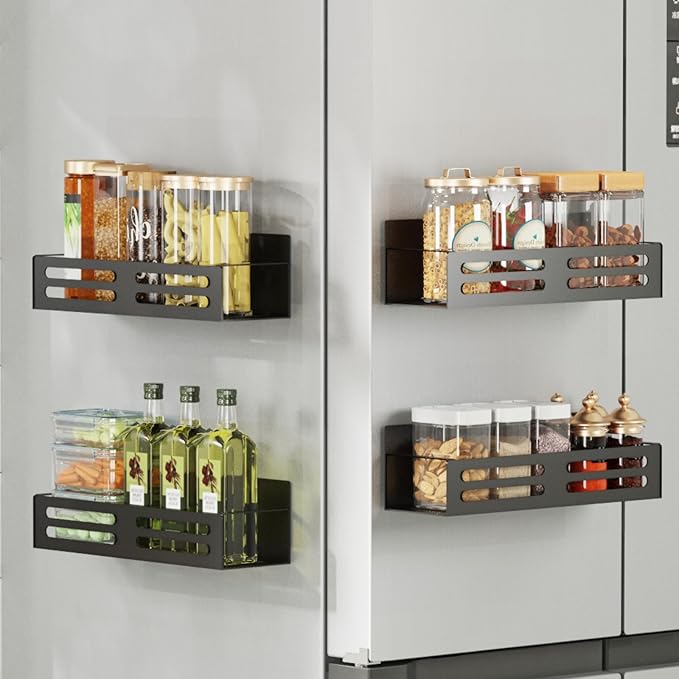Roysili Magnetic Spice Rack for Refrigerator Magnetic Fridge Shelf for Kitchen Magnetic Shelves for Fridge 4 Pack Black