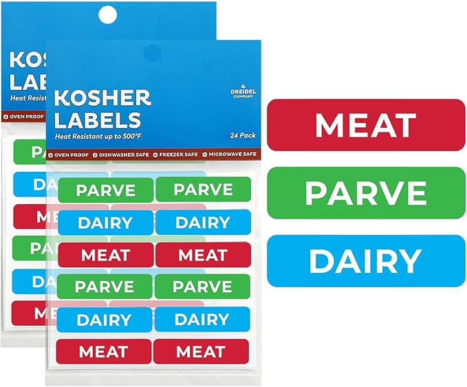 Kosher Sticker Labels, 48-Pack, 16 Blue Dairy, 16 Red Meat, 16 Green Parve Stickers, Oven Proof up to 500° F, Freezable, Microwavable, Dishwasher Safe, English, Color Coded Tools