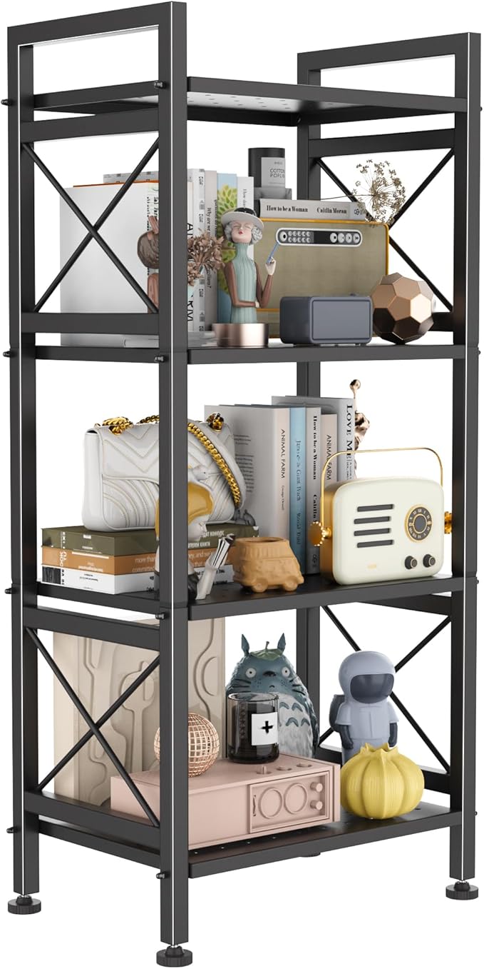 GIOTORENT 4-Tier Industrial Metal Bookcase, Narrow Bookshelf for Bedroom & Living Room - Tall Storage Shelf for Books Movies CDs, 16.8" W x 12.8" D x 41.7" H, Black