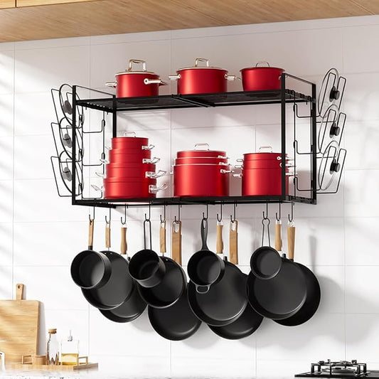 31 Inch Pot Rack Wall Mounted, 2-Tier Hanging Pots and Pans Organizer Expandable Heavy Duty Kitchen Shelves with 6 Pot Lid Holders and 12 Hooks for Kitchen Cookware Utensils Storage