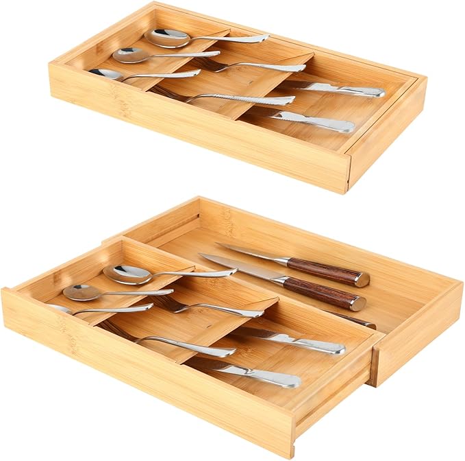 Silverware Drawer Organizer with Expandable Tray for Kitchen Drawer, Adjustable Compact Plastic Kitchen Utensil Storage for Spoons Forks Knives Easy to Access & Clean (bamboo, standard)