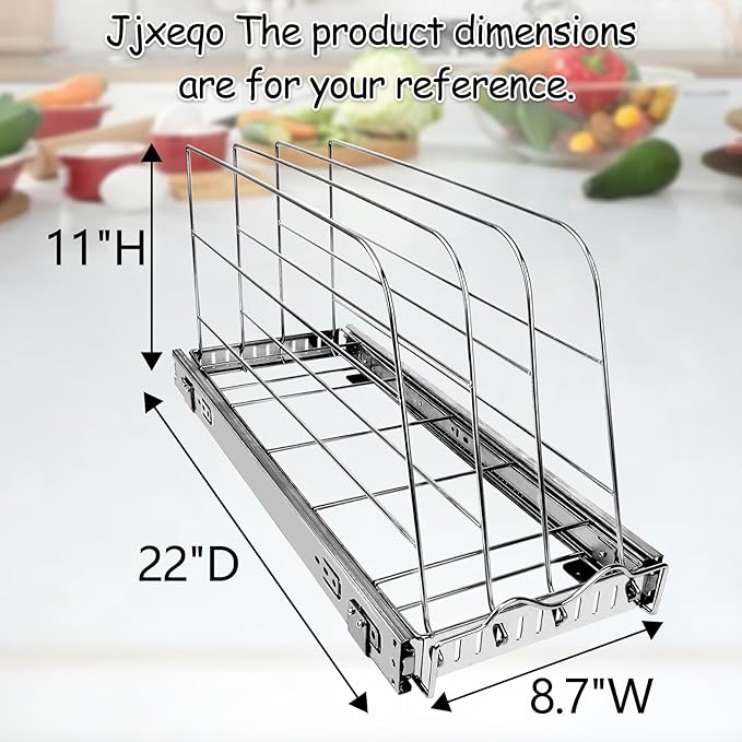 Pull Out Baking Pan Organizer for Cabinet, Cookie Sheet, Cutting Board, Tray Organizer for Cabinet, Adjustable, 22"D x11"H x 8.7"W, Pull/Slide Out Organizer-Heavy Duty, Chrome steel, 50-Year Warranty
